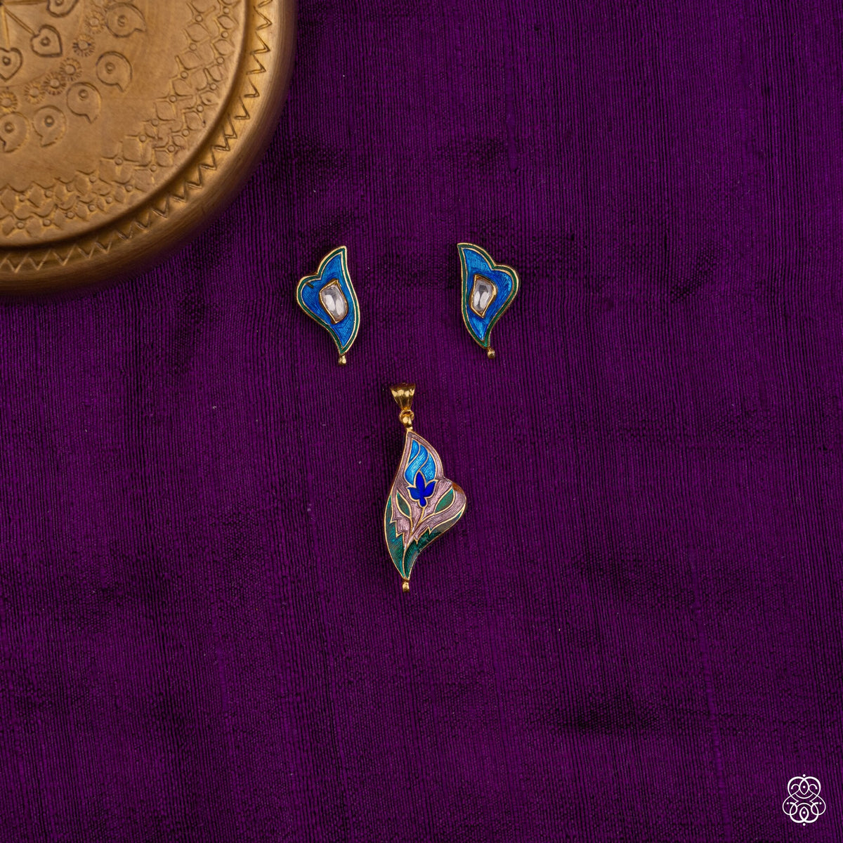 Neelkamal blue enamel meenakari pendant and stud set in 92.5 sterling silver with 22k gold plating