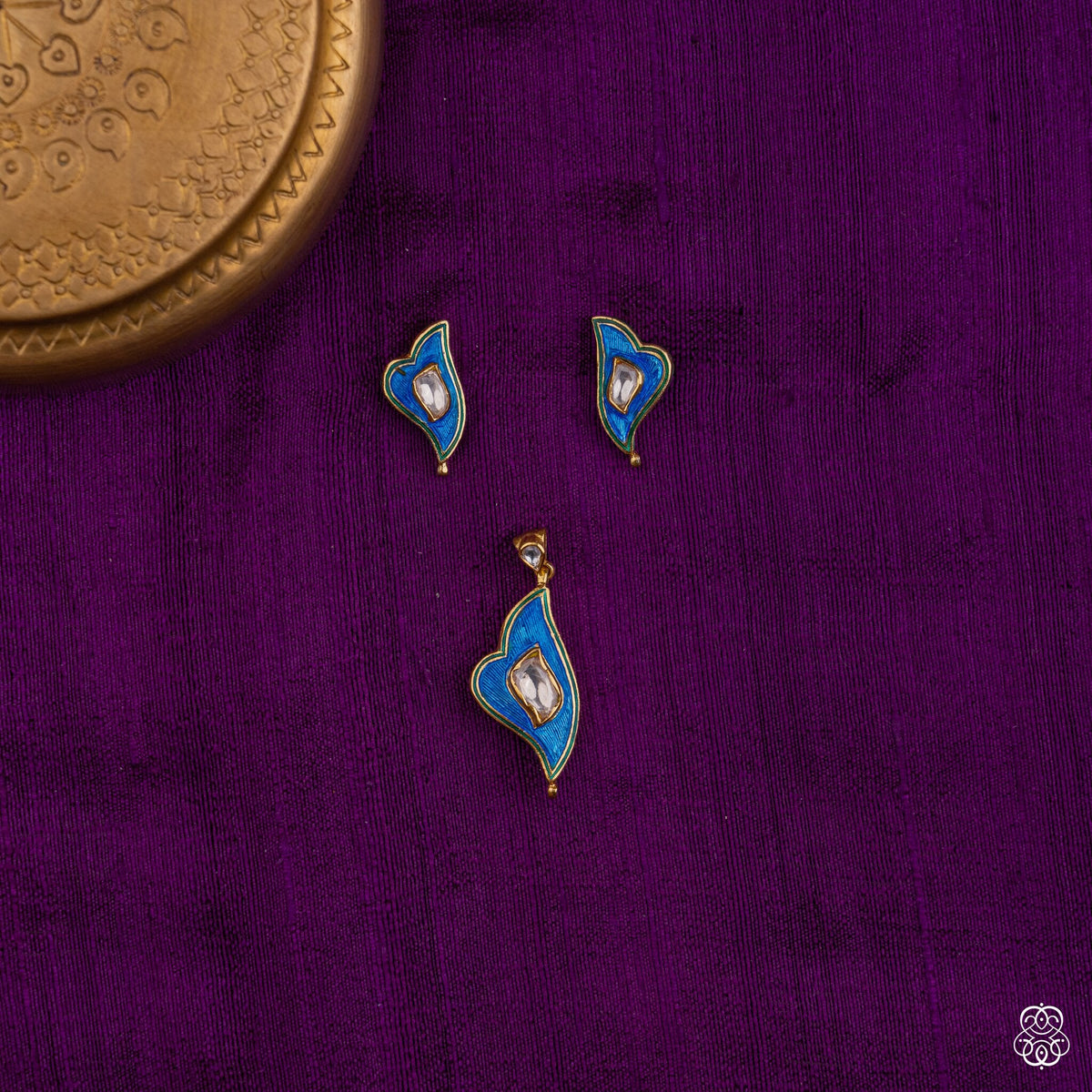 Neelkamal blue meenakari pendant with white kundan and matching studs in 92.5 sterling silver with 22k gold plating