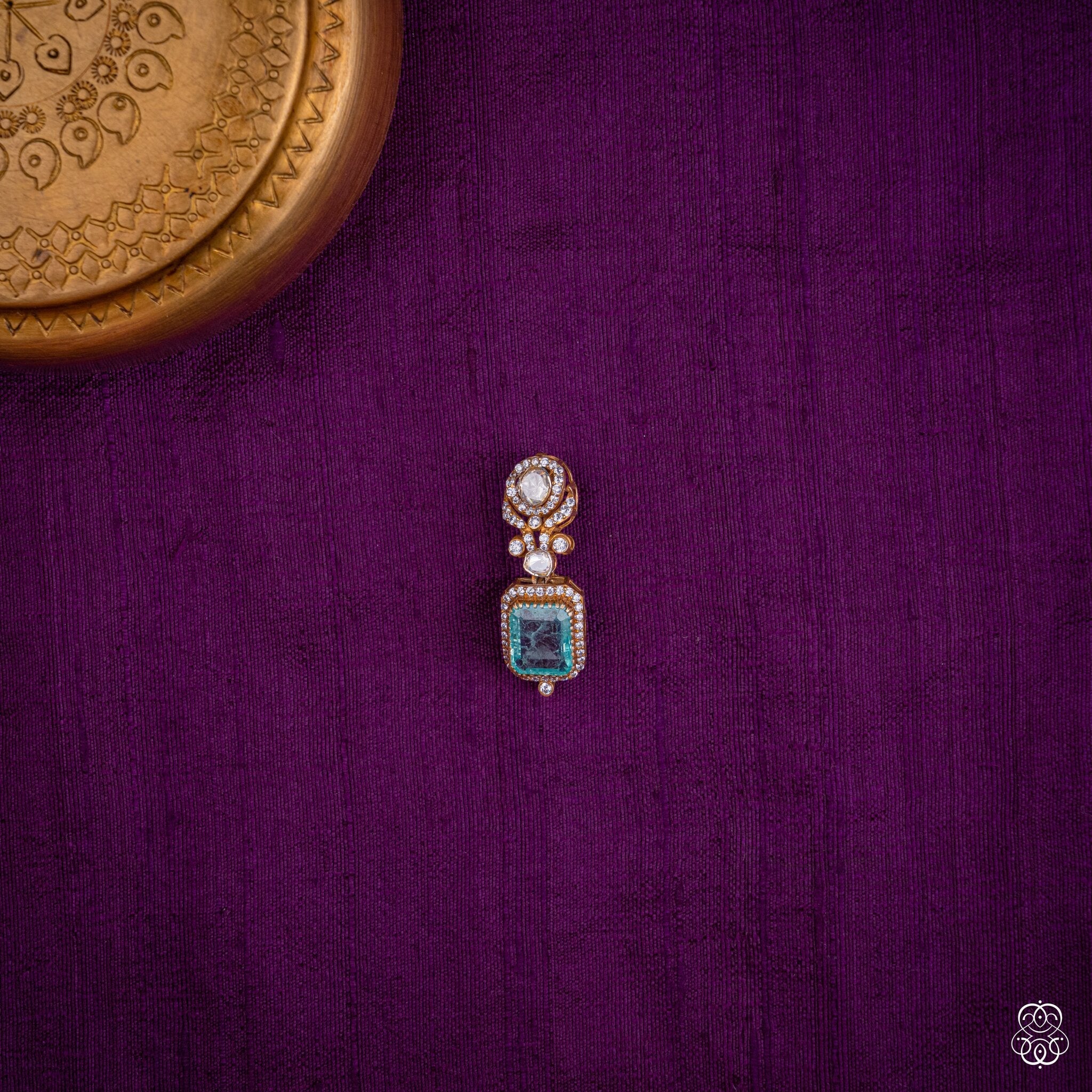 Nilarekha pendant with an aqua lab-grown emerald outlined in moissanites, 92.5 sterling silver with 22k gold plating