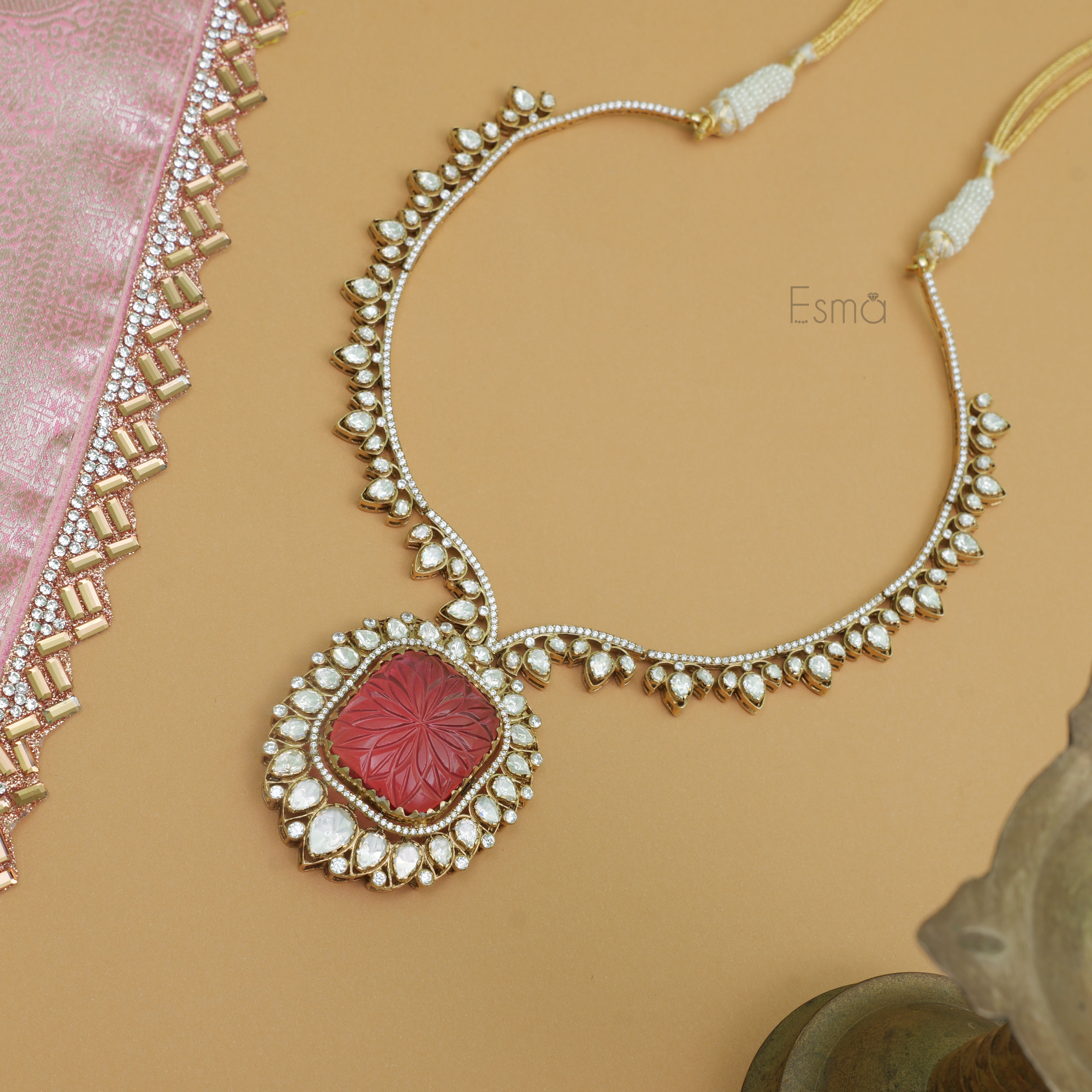 Gulzar Moissanite Carved Stone Necklace
