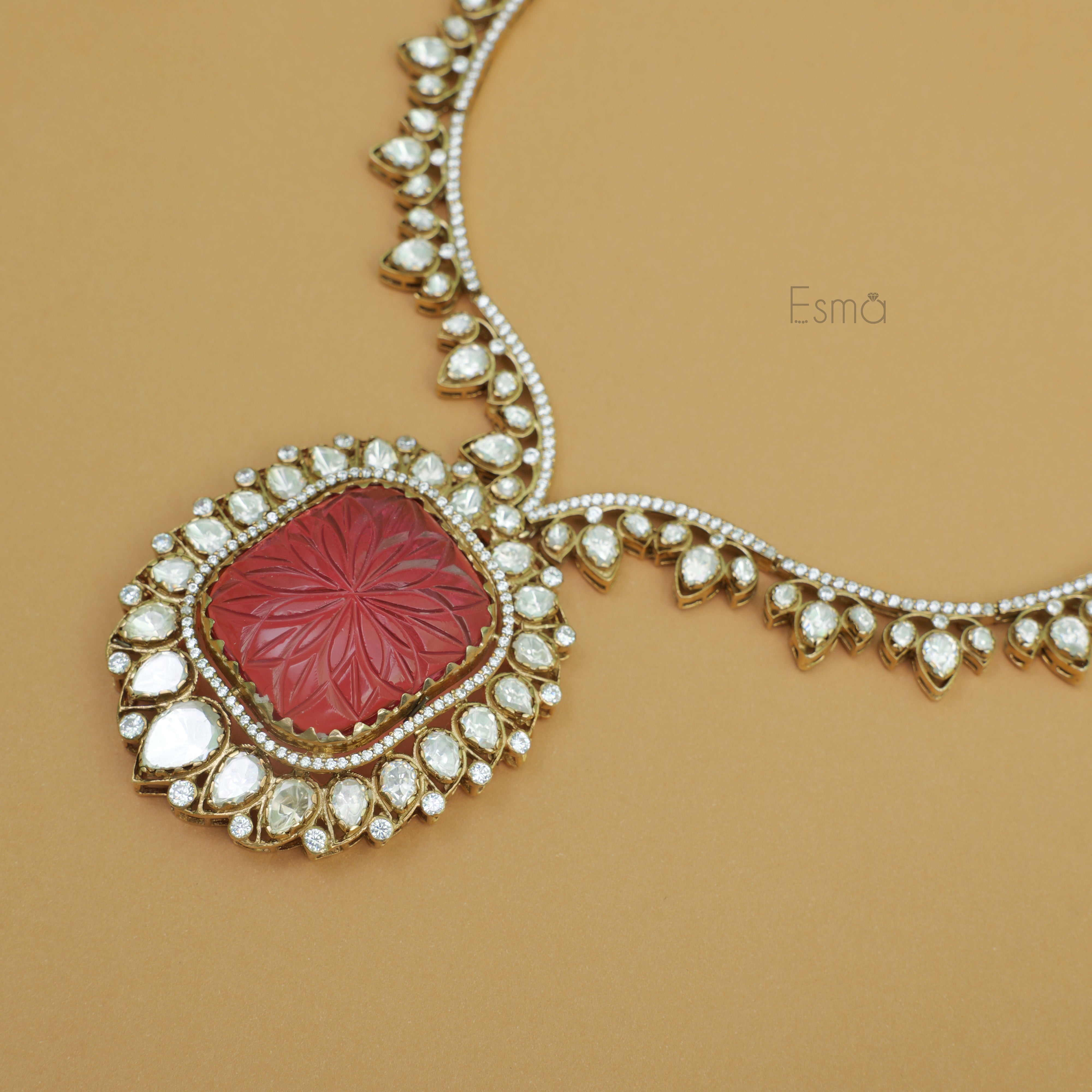 Gulzar Moissanite Carved Stone Necklace