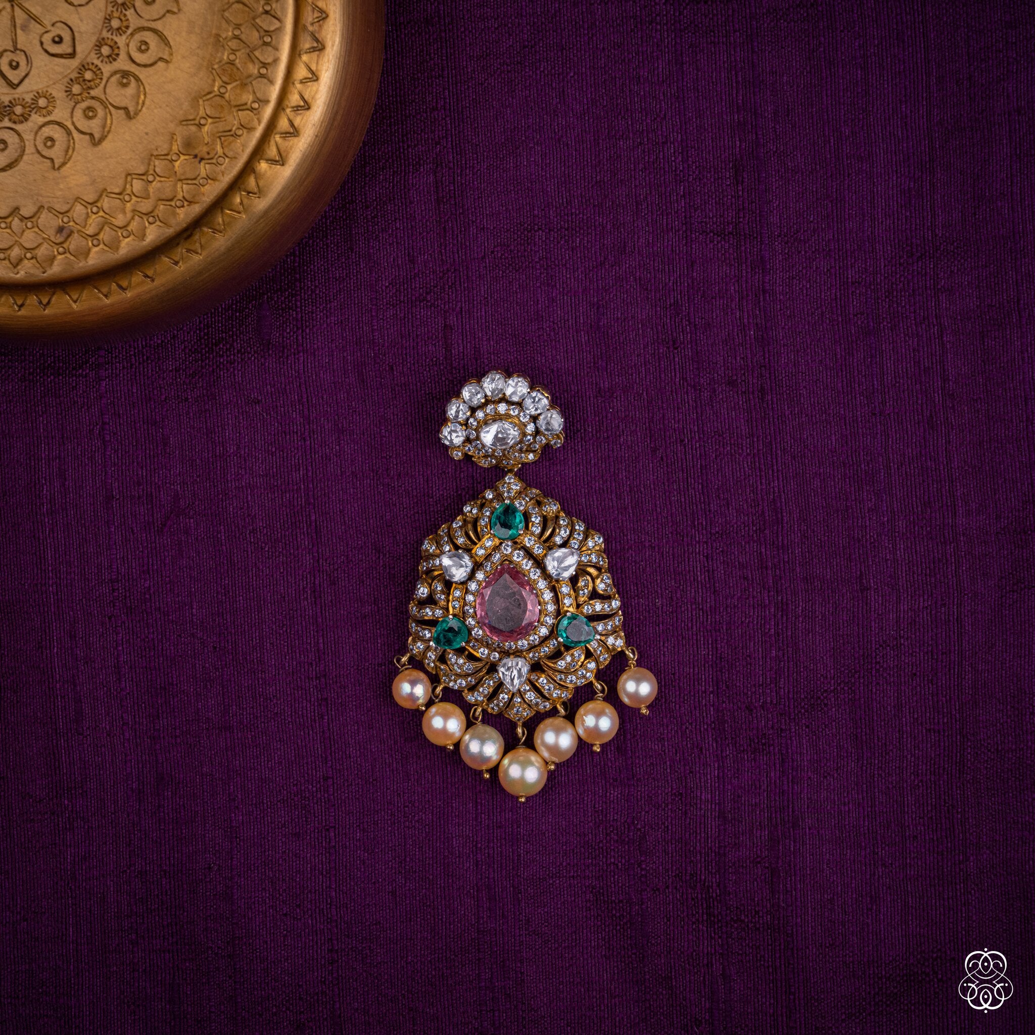 Padmaraga pendant with pink lab-grown tourmaline, emeralds, moissanites and pearls in 92.5 sterling silver with 22k gold plating
