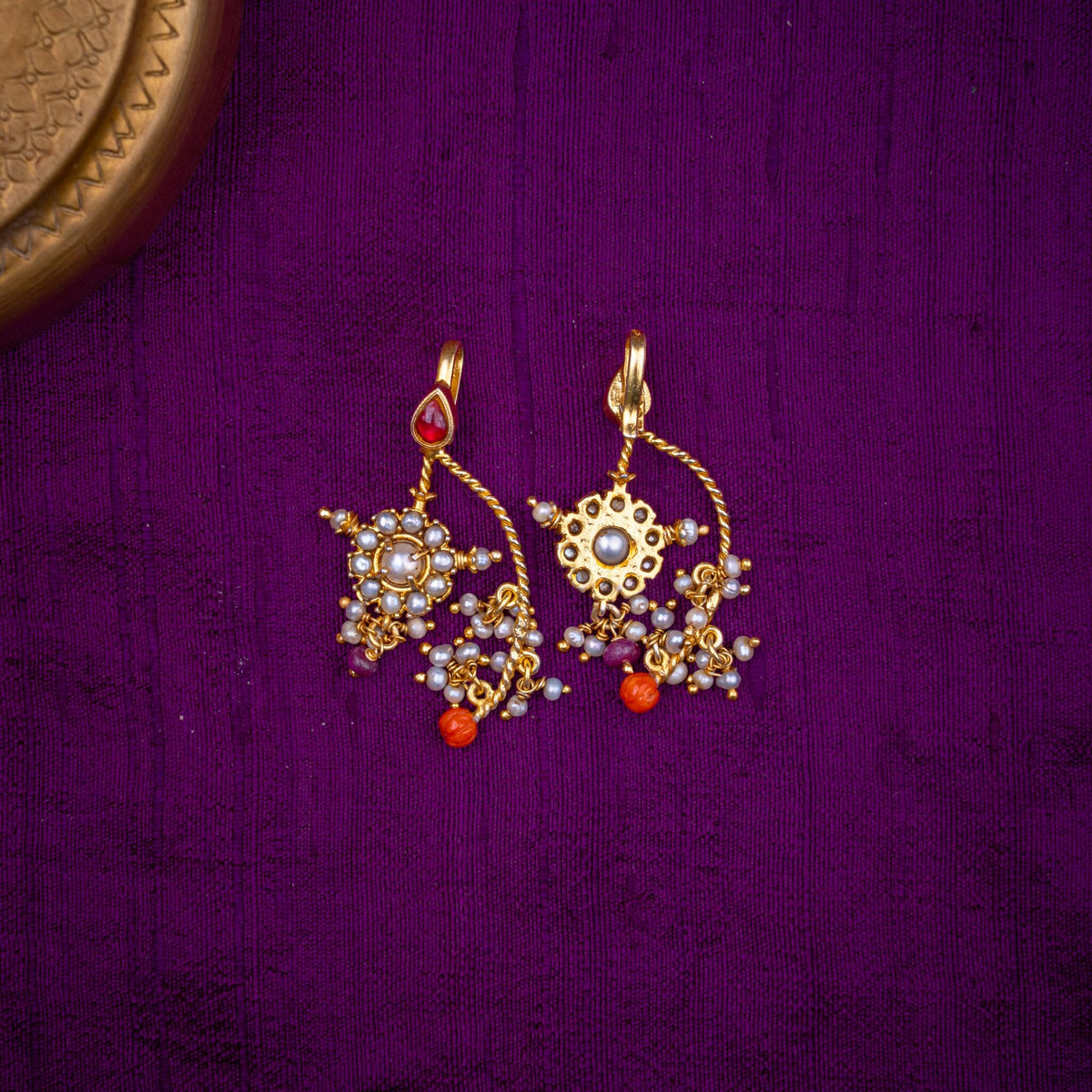 Pagadamani Bugadi - pearl flower bugadi, set with ruby kundan, coral beads and fresh water pearls, in 92.5 sterling silver with 22k gold plating - view 3