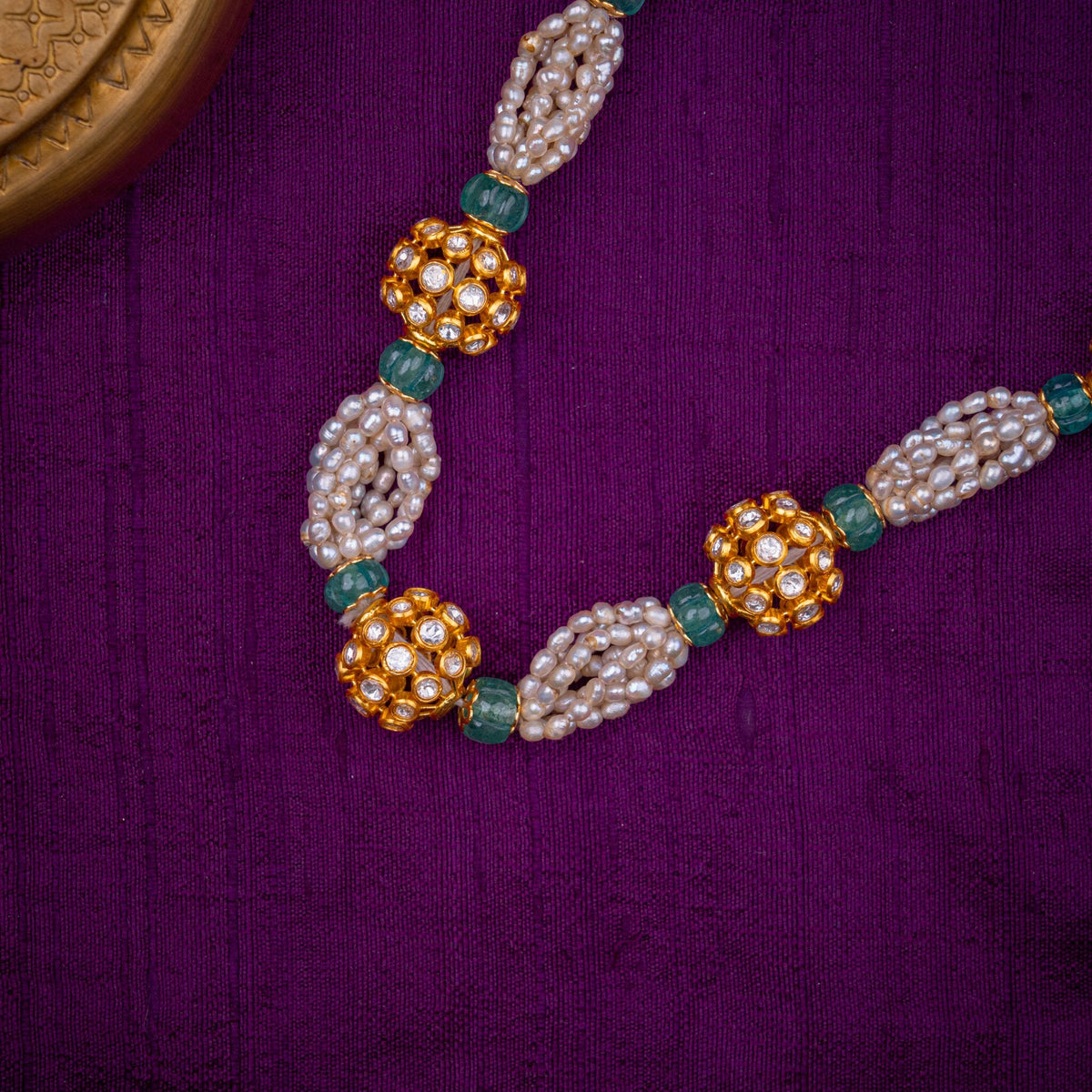Pushkara Pearl Mala - pearl and kundan bead mala, set with fresh water pearls, white kundan and green fluted beads, in 92.5 sterling silver with 22k gold plating - view 2