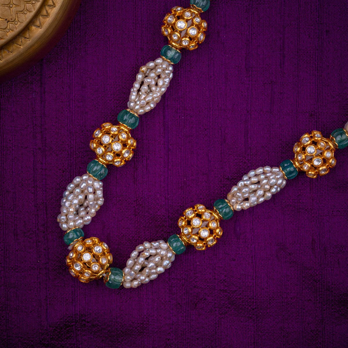 Pushkara Pearl Mala - pearl and kundan bead mala, set with fresh water pearls, white kundan and green fluted beads, in 92.5 sterling silver with 22k gold plating - view 3