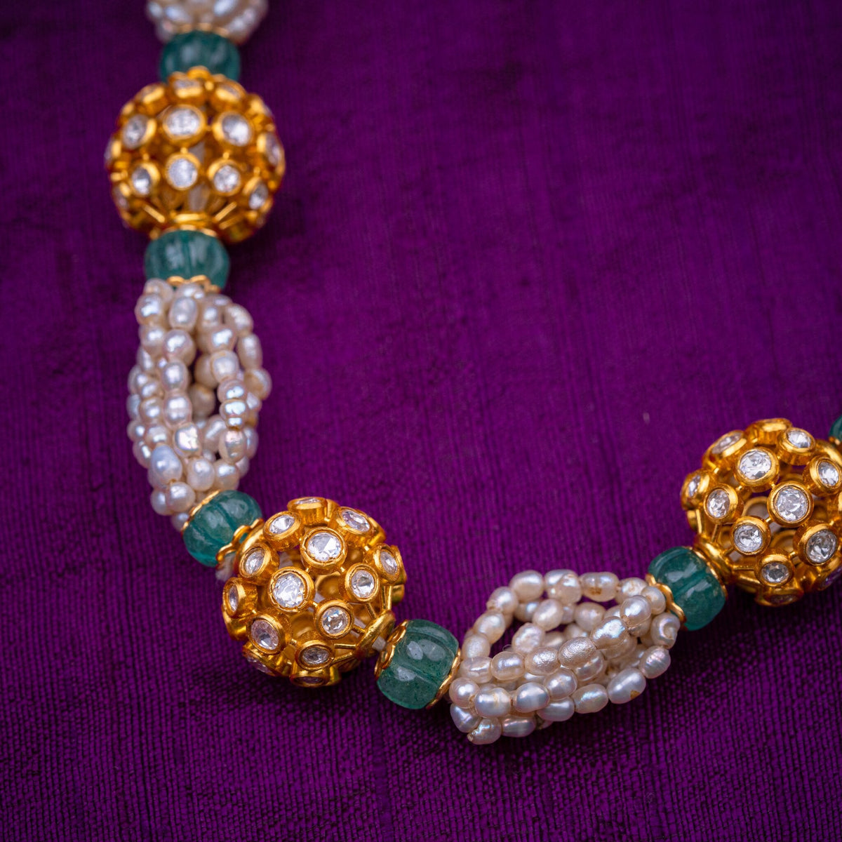 Pushkara Pearl Mala - pearl and kundan bead mala, set with fresh water pearls, white kundan and green fluted beads, in 92.5 sterling silver with 22k gold plating - view 4