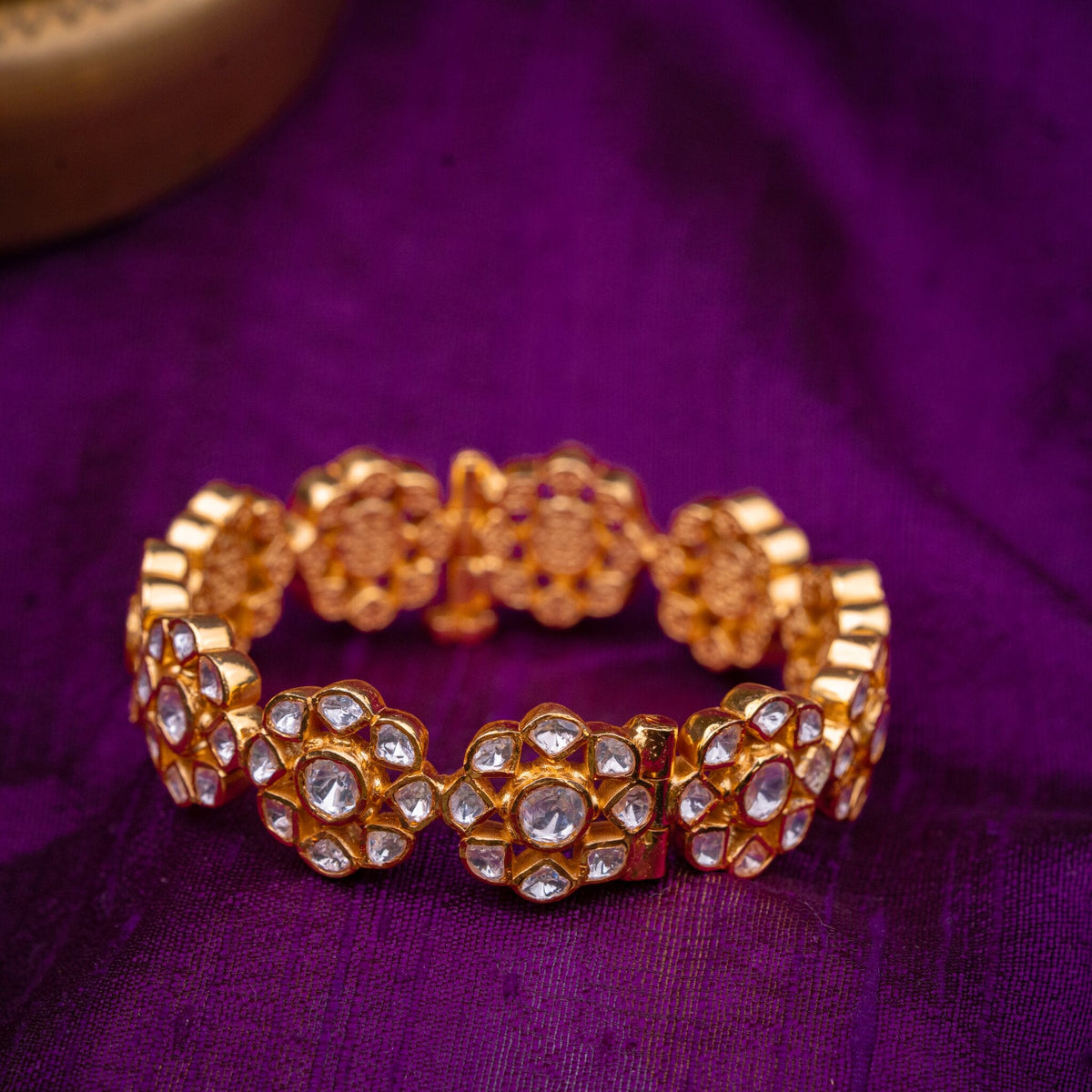 Pushpanjali Polki Kada - floral polki-look kada, set with moissanites, in 92.5 sterling silver with 22k gold plating