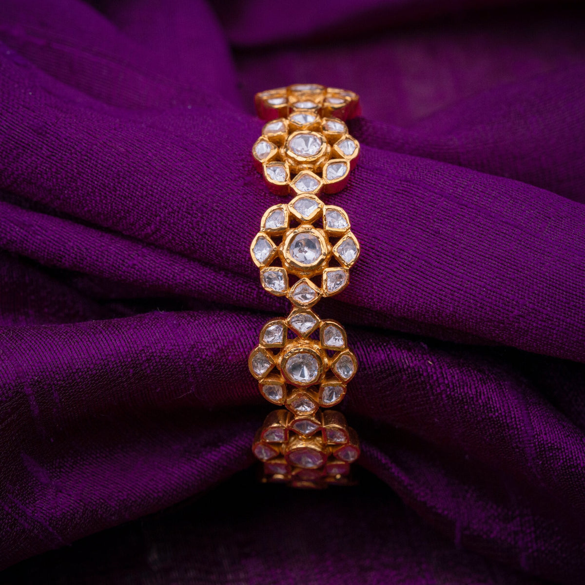 Pushpanjali Polki Kada - floral polki-look kada, set with moissanites, in 92.5 sterling silver with 22k gold plating - view 4