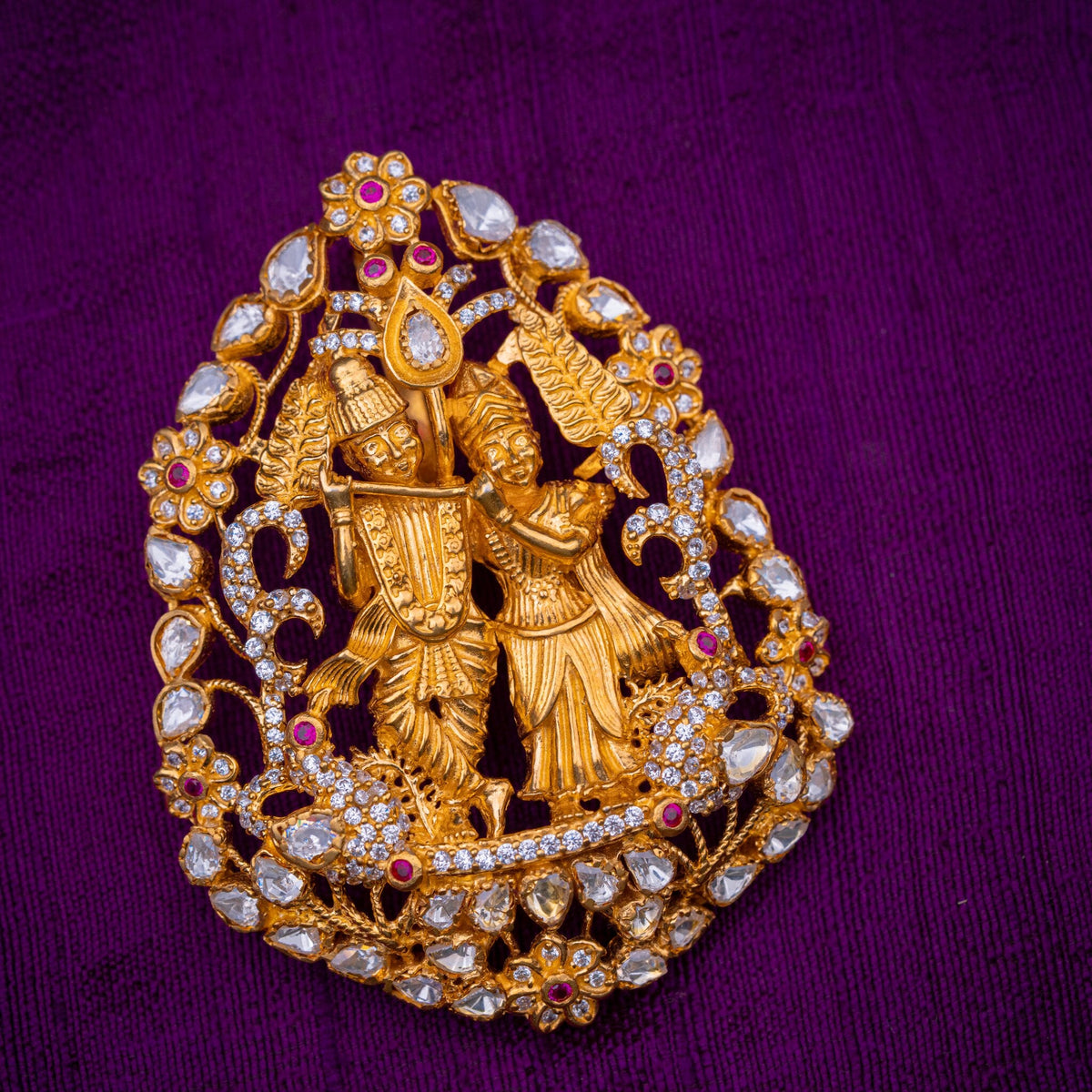 Radha Madhav Pendant - Radha Krishna temple pendant, set with CZs with ruby accents, in 92.5 sterling silver with 22k gold plating - view 2