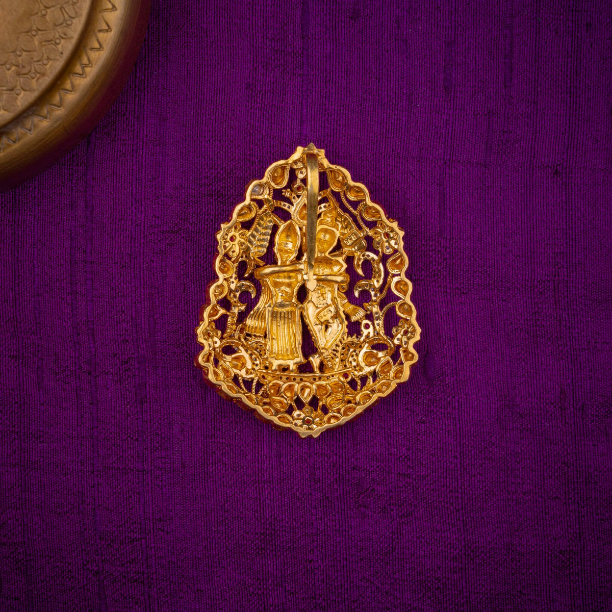 Radha Madhav Pendant - Radha Krishna temple pendant, set with CZs with ruby accents, in 92.5 sterling silver with 22k gold plating - view 3