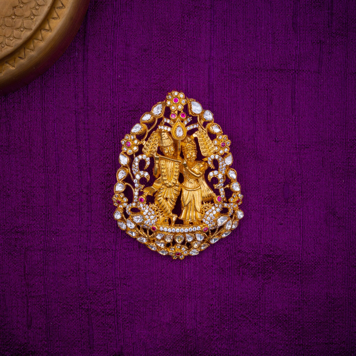 Radha Madhav Pendant - Radha Krishna temple pendant, set with CZs with ruby accents, in 92.5 sterling silver with 22k gold plating