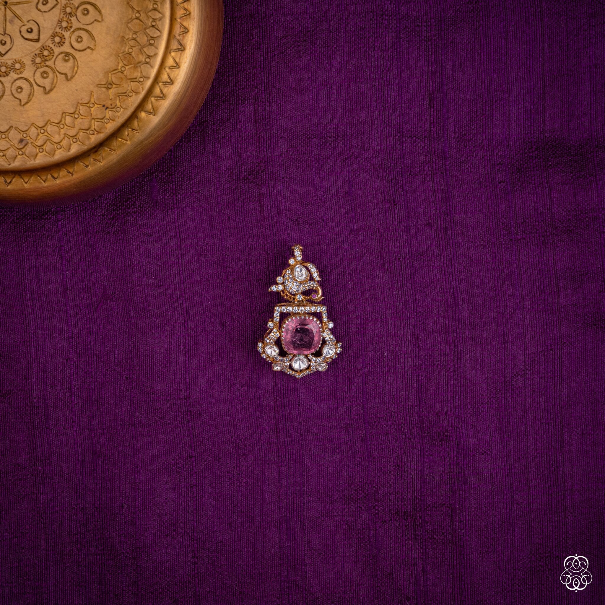 Ragamalika pendant with a pink lab-grown tourmaline framed in moissanites with a bird motif, 92.5 sterling silver with 22k gold plating