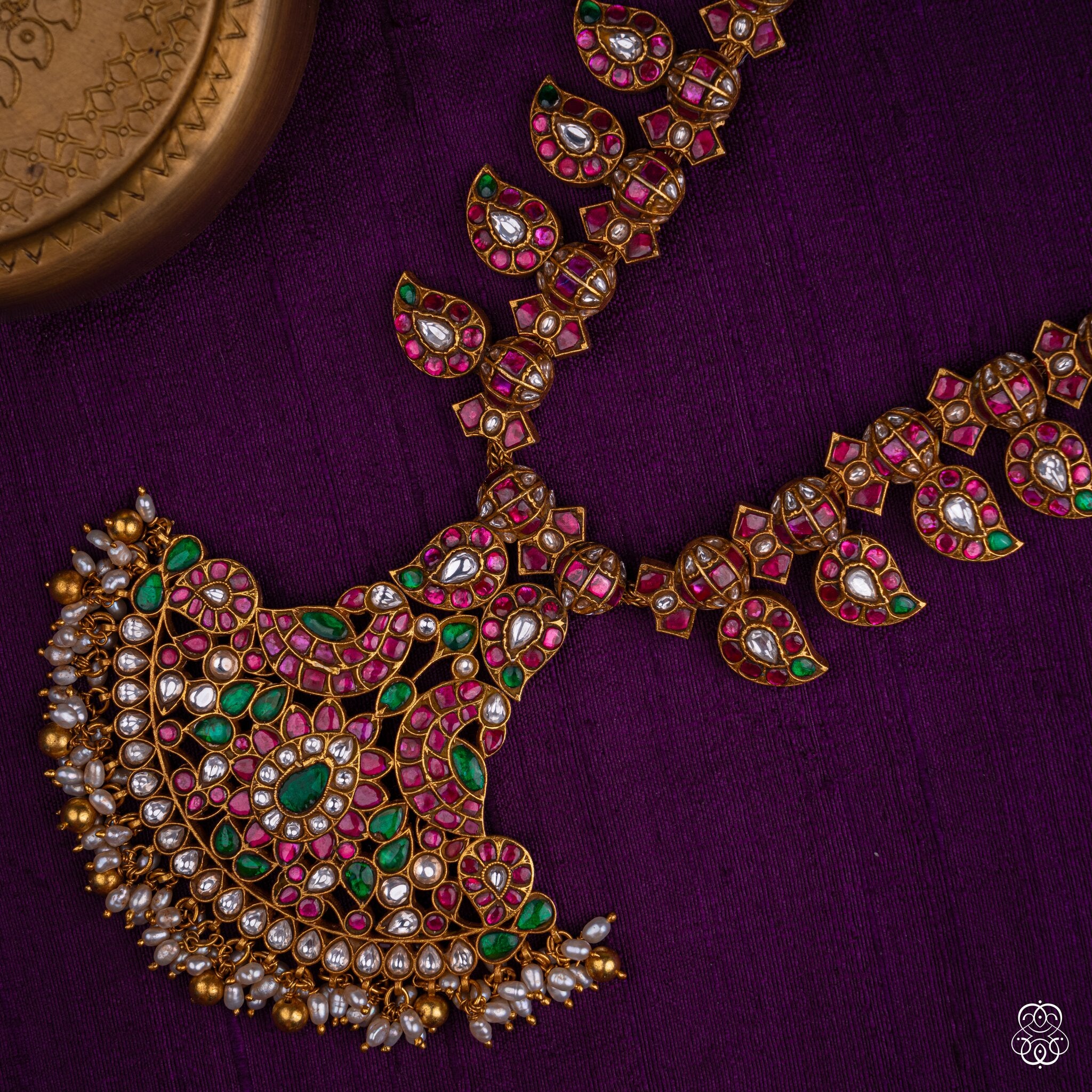 Rajarani kundan bridal necklace with paisley centrepiece in ruby, emerald, moissanite and pearls, 92.5 sterling silver with 22k gold plating