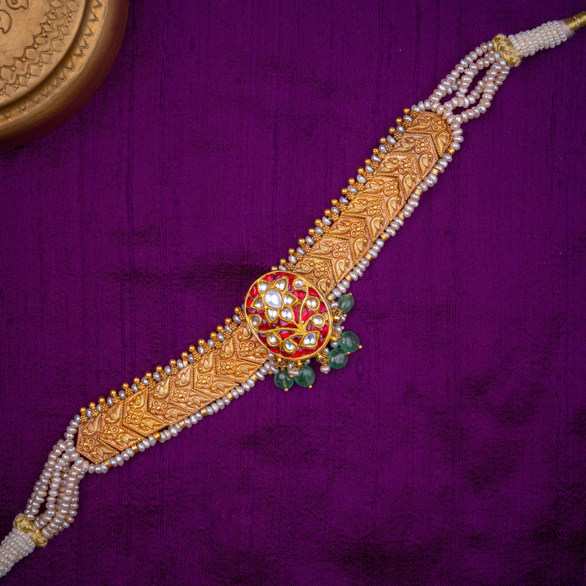 Rajmudra Choker - antique gold band choker with dori, set with white kundan on red, green beads and fresh water pearls, in 92.5 sterling silver with 22k gold plating