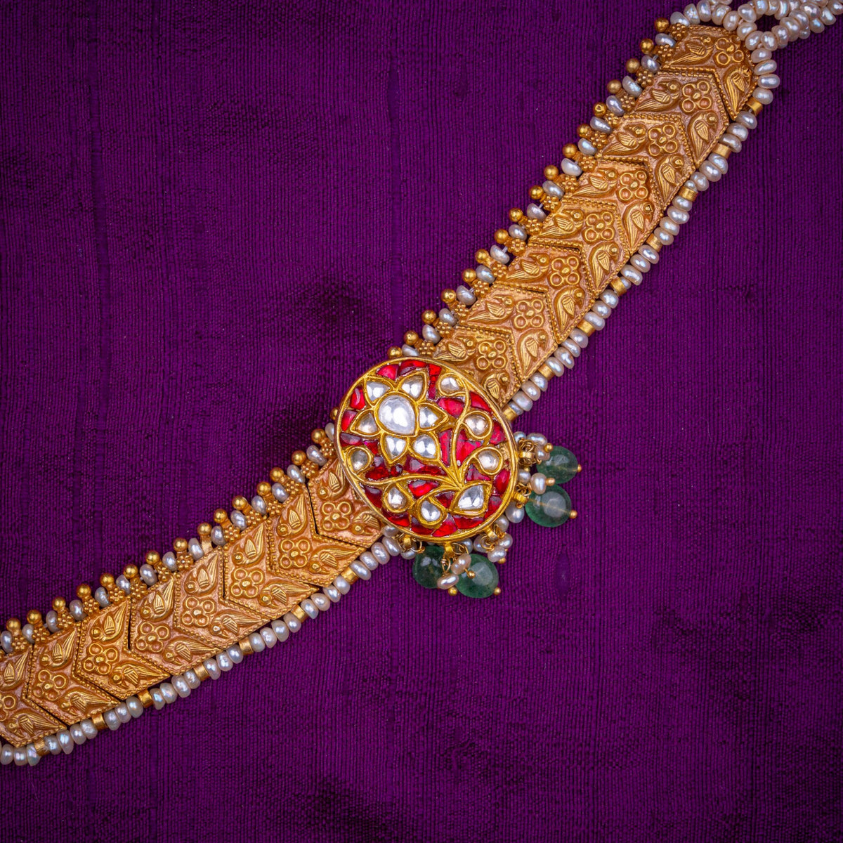 Rajmudra Choker - antique gold band choker with dori, set with white kundan on red, green beads and fresh water pearls, in 92.5 sterling silver with 22k gold plating - view 2