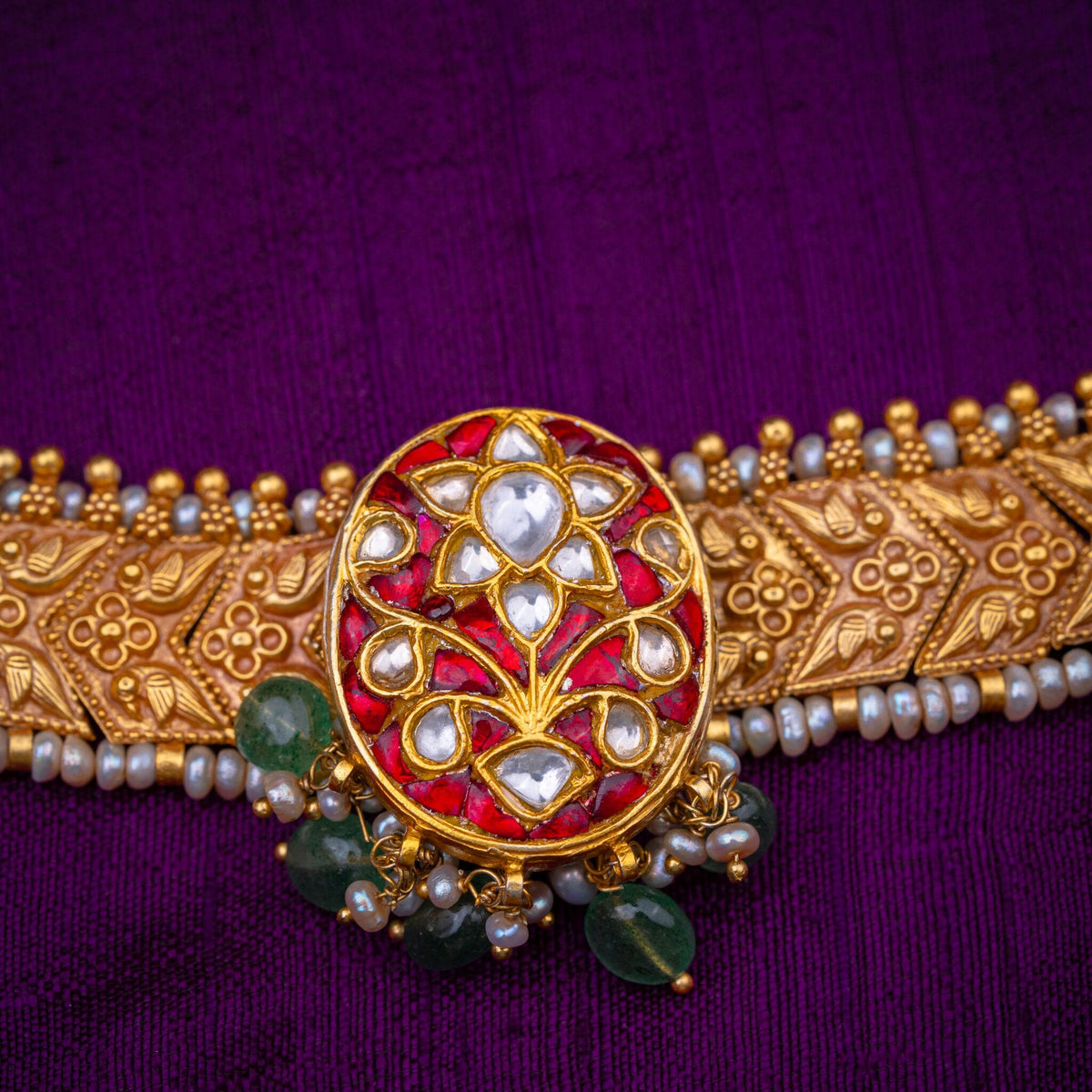 Rajmudra Choker - antique gold band choker with dori, set with white kundan on red, green beads and fresh water pearls, in 92.5 sterling silver with 22k gold plating - view 3