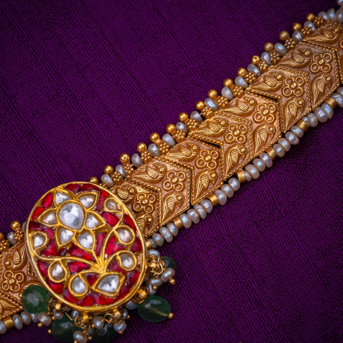 Rajmudra Choker - antique gold band choker with dori, set with white kundan on red, green beads and fresh water pearls, in 92.5 sterling silver with 22k gold plating - view 4