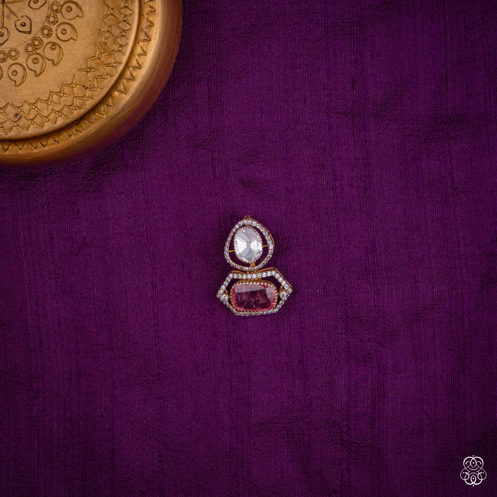 Raktakamala pendant with a wine red lab-grown tourmaline and rose-cut moissanite in 92.5 sterling silver with 22k gold plating