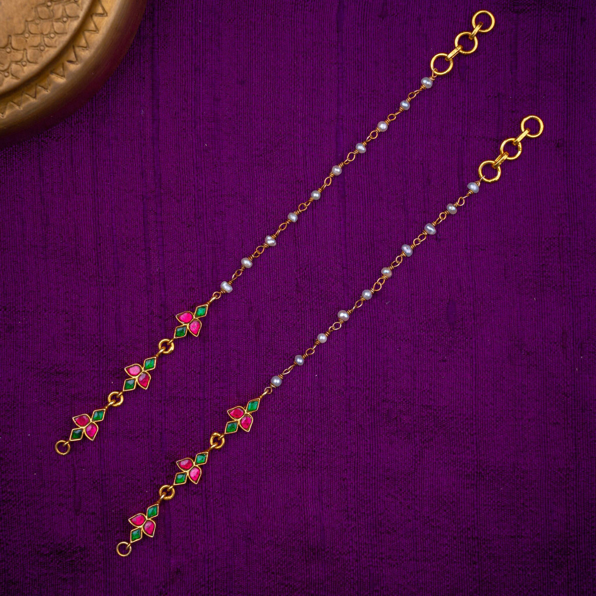 Rangoli Matilu - delicate ear chains with small kundan motifs, set with ruby and emerald kundan and fresh water pearls, in 92.5 sterling silver with 22k gold plating