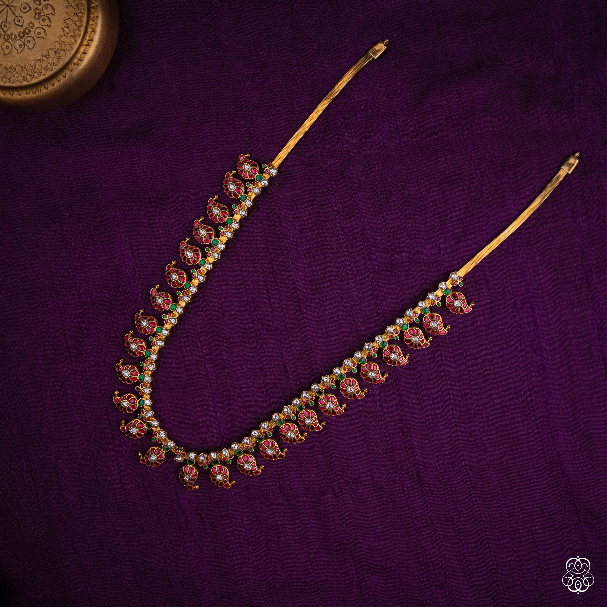 Rukmini single-row mango necklace in ruby, moissanite and emerald, 92.5 sterling silver with 22k gold plating