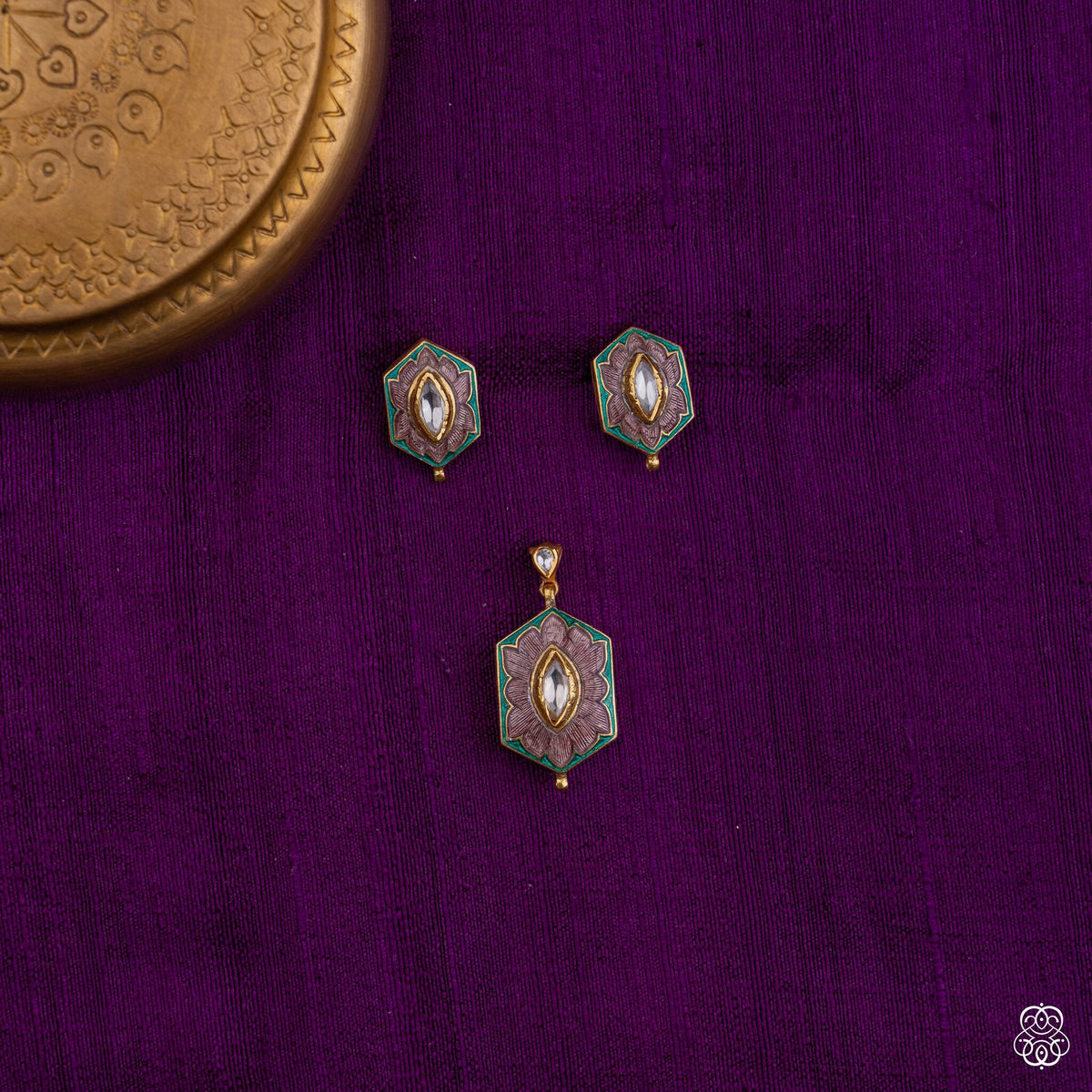 Shatkona hexagonal meenakari pendant with white kundan and matching studs in 92.5 sterling silver with 22k gold plating
