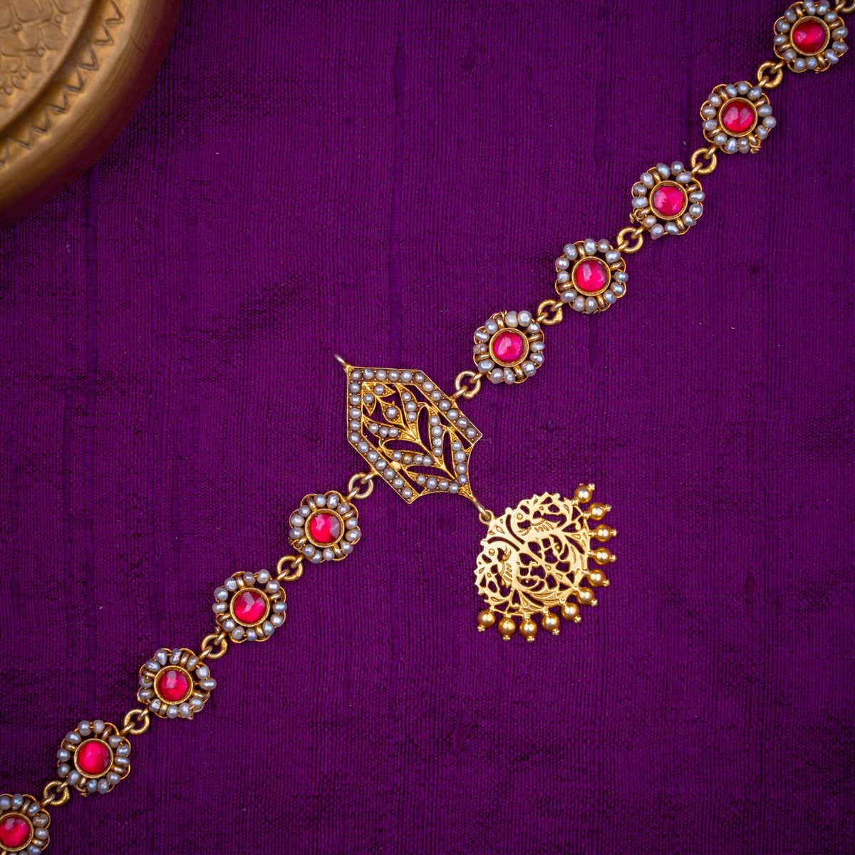 Shonali Necklace - ruby and pearl necklace with peacock pendant, set with ruby stones and fresh water pearls, in 92.5 sterling silver with 22k gold plating - view 2