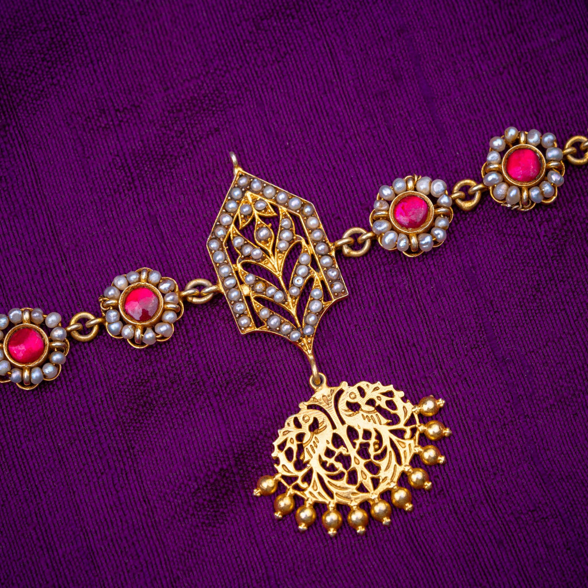 Shonali Necklace - ruby and pearl necklace with peacock pendant, set with ruby stones and fresh water pearls, in 92.5 sterling silver with 22k gold plating - view 4