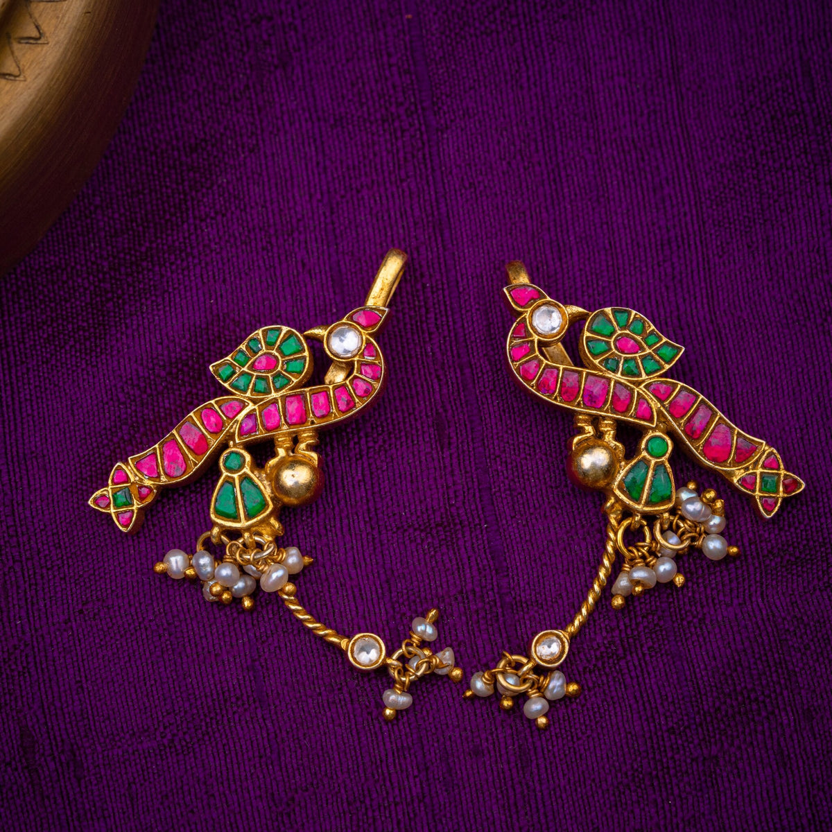 Shukapriya Bugadi - parrot bugadi with pearl clusters, set with ruby and emerald kundan and fresh water pearls, in 92.5 sterling silver with 22k gold plating - view 2