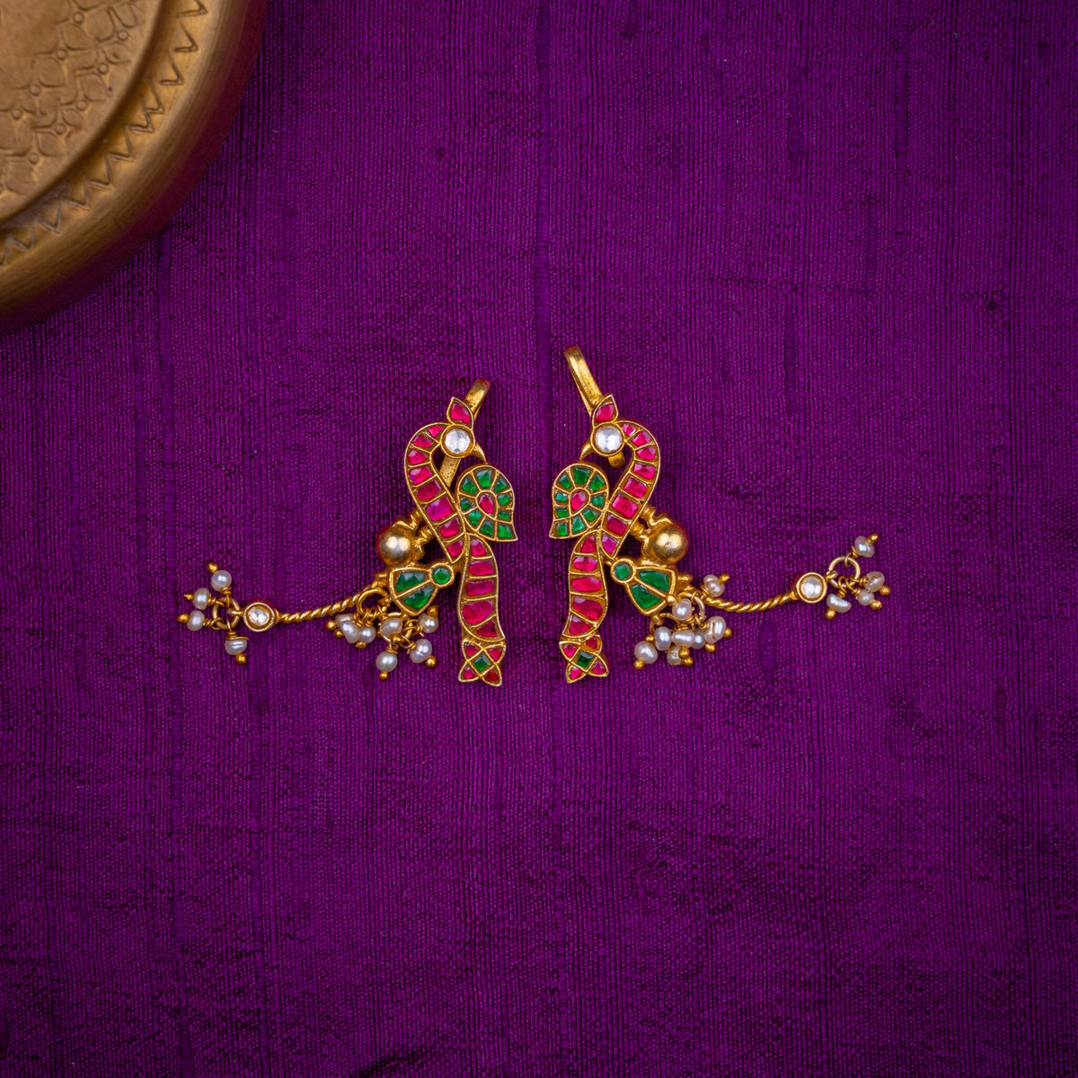 Shukapriya Bugadi - parrot bugadi with pearl clusters, set with ruby and emerald kundan and fresh water pearls, in 92.5 sterling silver with 22k gold plating
