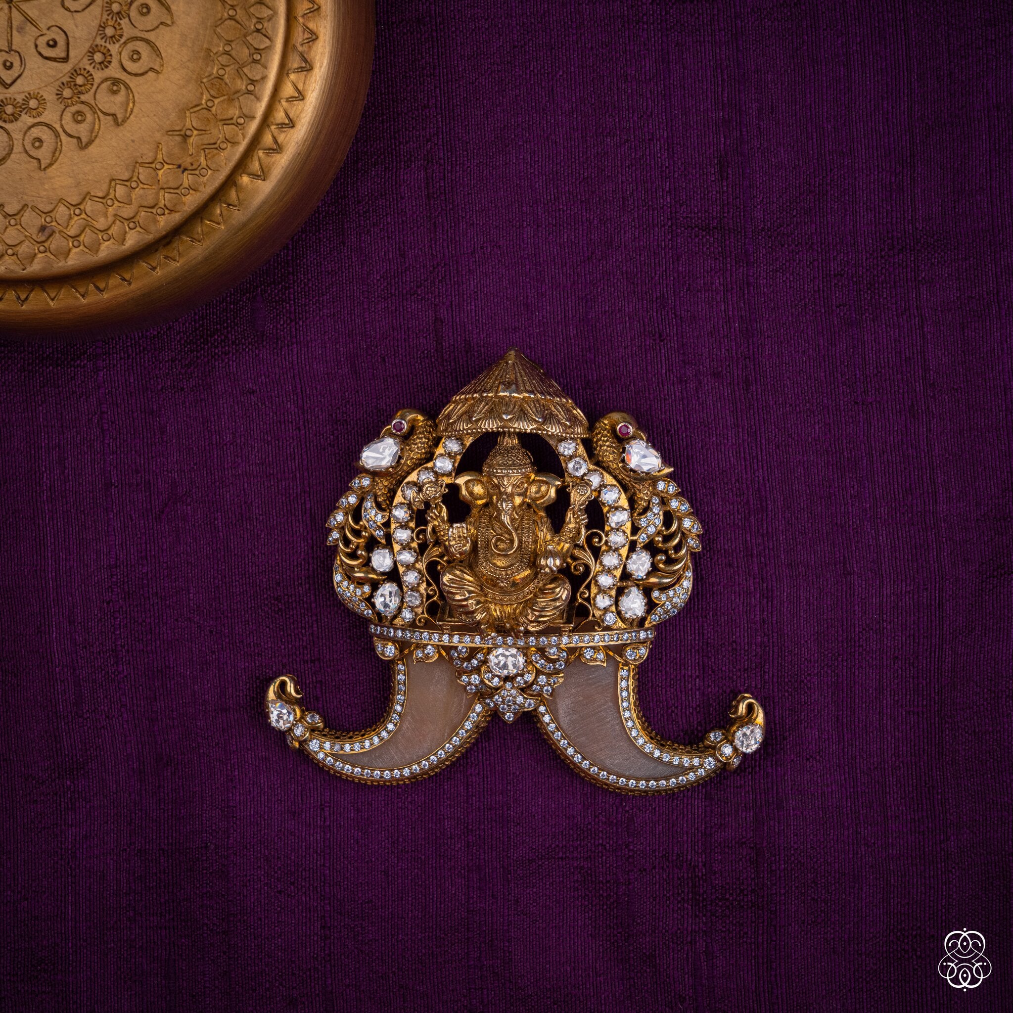 Siddhivinayaka Ganesha temple pendant with mother of pearl tusks and moissanites in 92.5 sterling silver with 22k gold plating