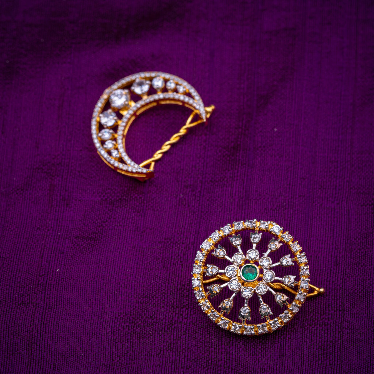Surya Chandra Hair Pins - sun and moon hair pins, set with CZs with an emerald-green stone, in 92.5 sterling silver with 22k gold plating - view 2
