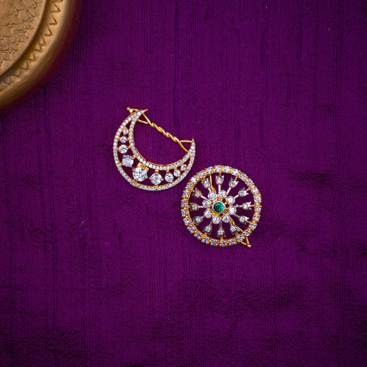 Surya Chandra Hair Pins - sun and moon hair pins, set with CZs with an emerald-green stone, in 92.5 sterling silver with 22k gold plating