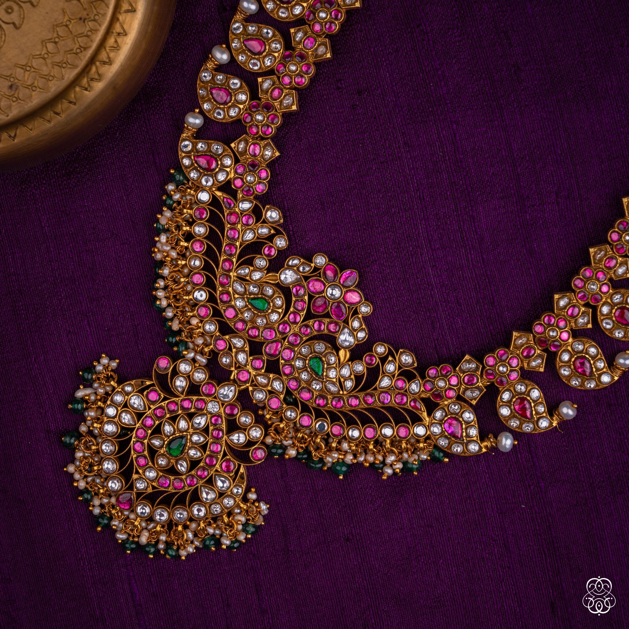 Swarnalata kundan necklace with floral chain and paisley centrepiece in ruby, emerald, moissanite and pearls, 92.5 sterling silver with 22k gold plating
