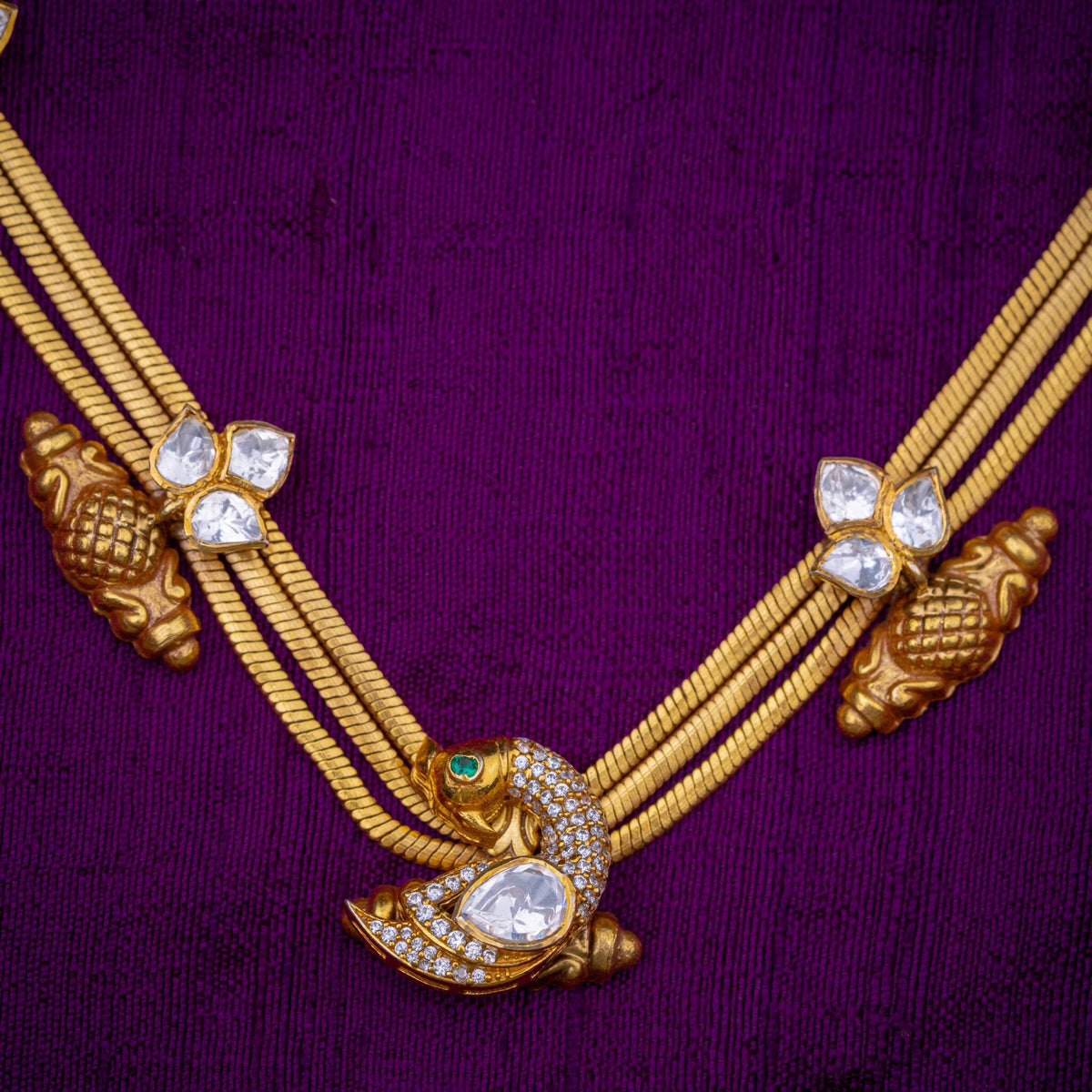 Swarnalata Choker - multi-strand gold choker with dori, set with white kundan, CZs and an emerald-green accent, in 92.5 sterling silver with 22k gold plating - view 2