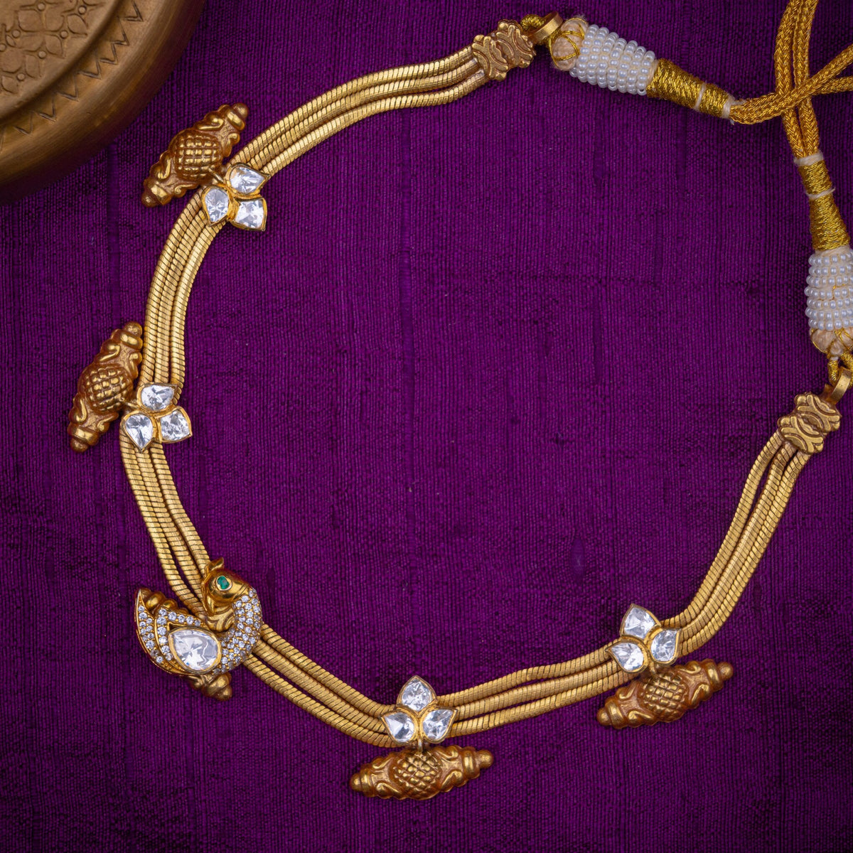 Swarnalata Choker - multi-strand gold choker with dori, set with white kundan, CZs and an emerald-green accent, in 92.5 sterling silver with 22k gold plating