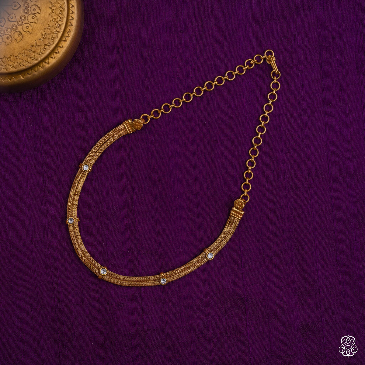 Venimala braided gold necklace with moissanite stations in 92.5 sterling silver with 22k gold plating