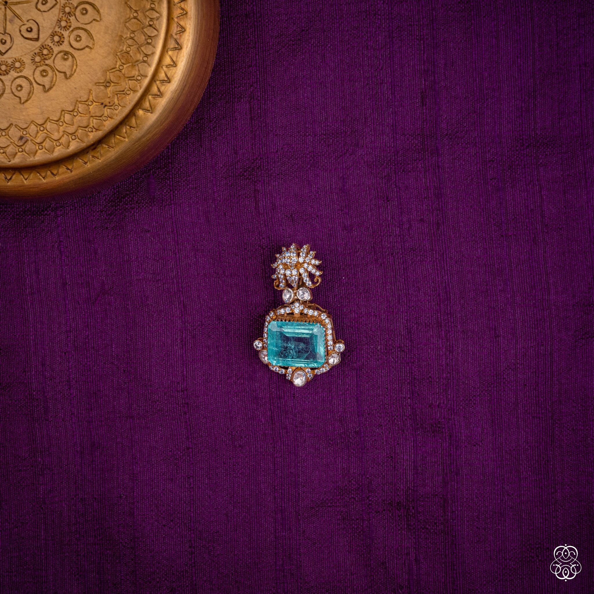 Vidyunmala pendant with a bold aqua lab-grown emerald and moissanite starburst in 92.5 sterling silver with 22k gold plating